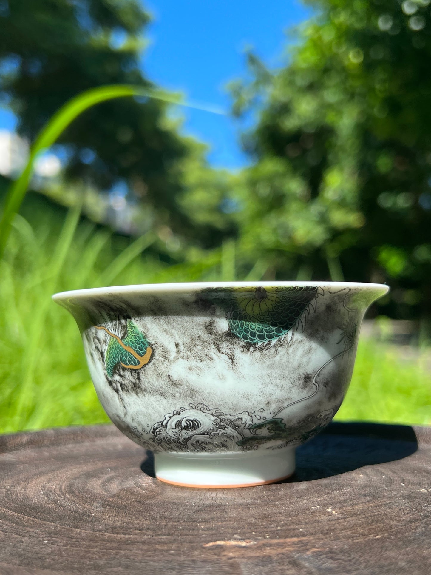 Handcrafted Chinese Handpainted Chinese Green Dragon Jingdezhen Teacup Master Ceramic Artwork