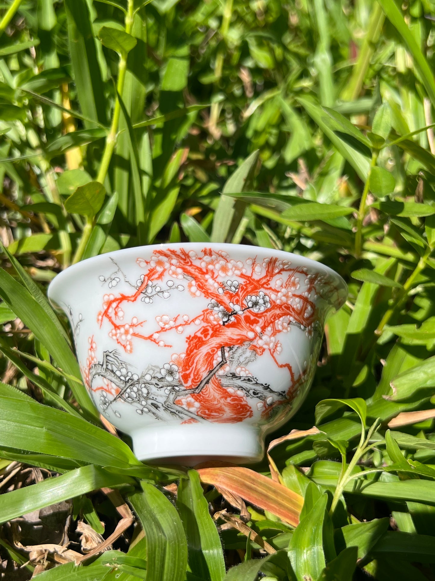 Handcrafted Chinese Handpainted Chinese Plum Flower Alum Red Jingdezhen Teacup Master Pottery Ceramic Artwork