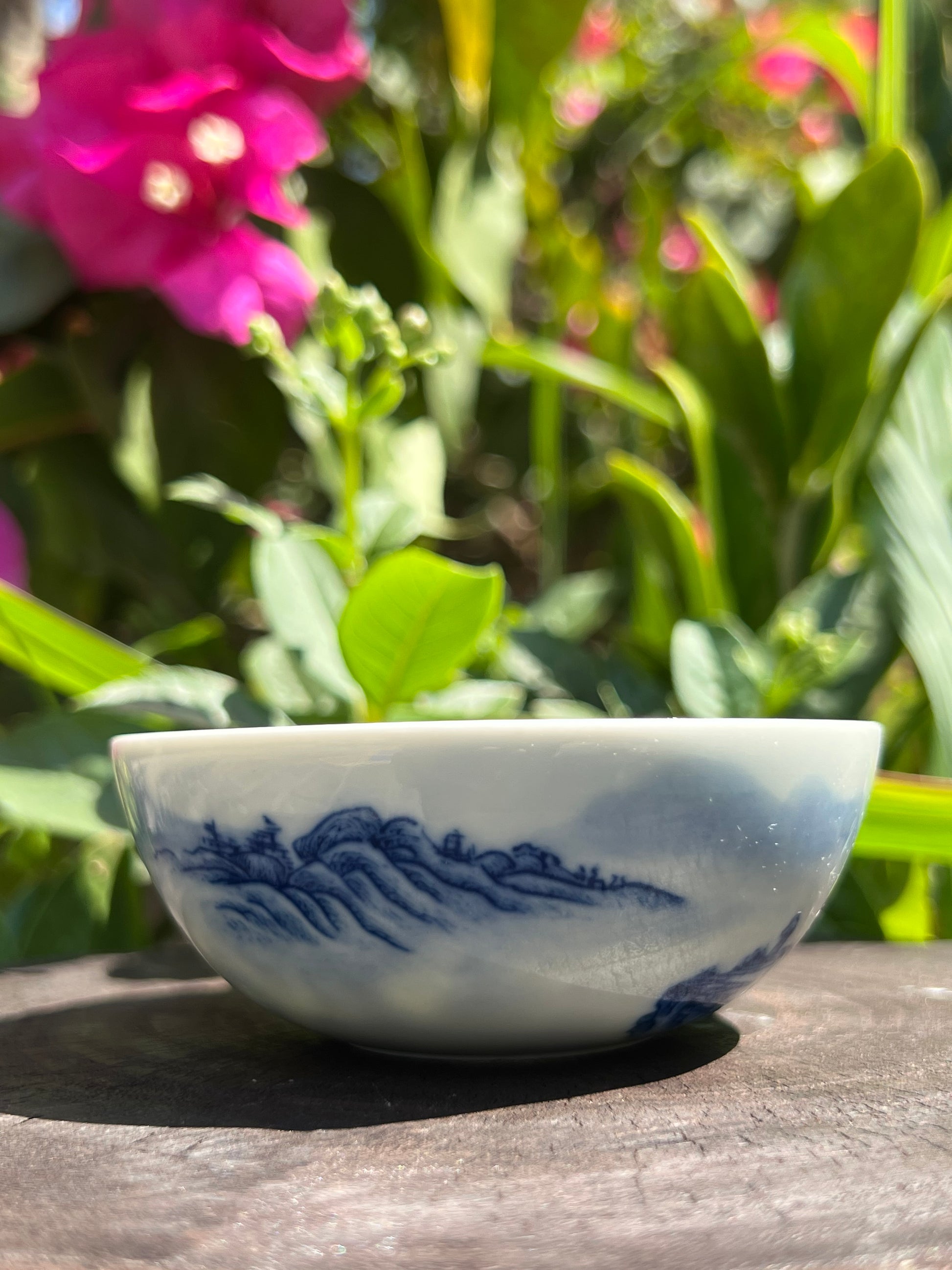 This is a Chinese Jingdezhen blue and white porcelain landscape teacup