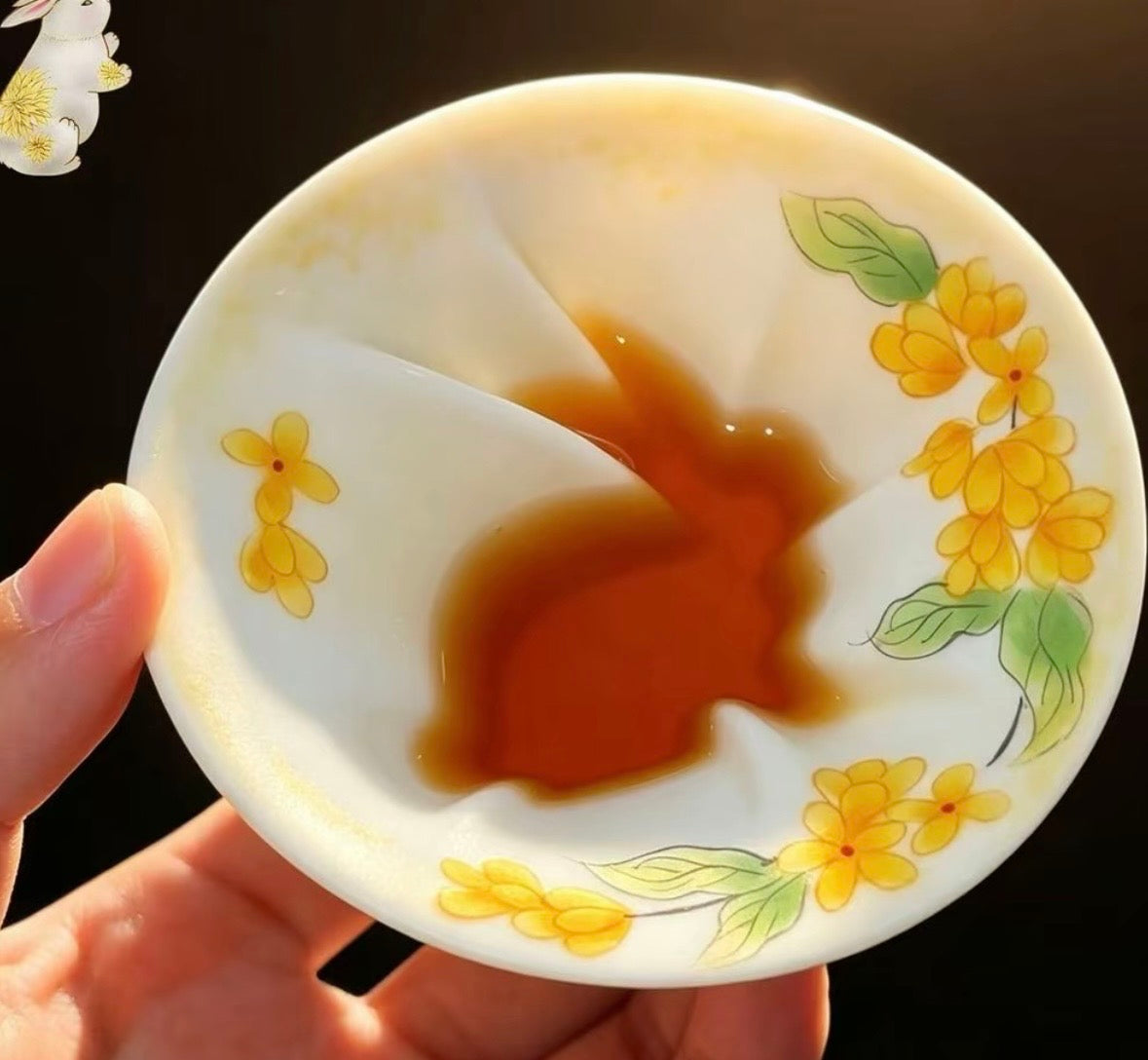 Hand painted Chinese Original Douli Shape Teacup Inner Engraved Moon Rabbit Motif Yellow Cup