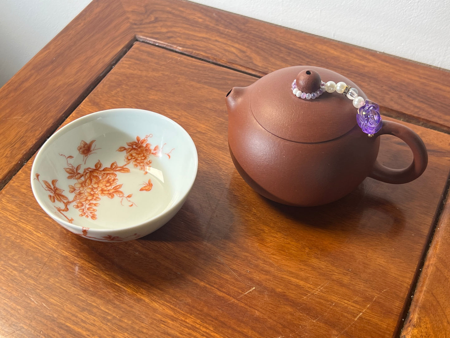 Hand Painted Chinese Peony Flower Alum Red Teacup Orange Red Teacup Jingdezhen Master Ceramic Artwork