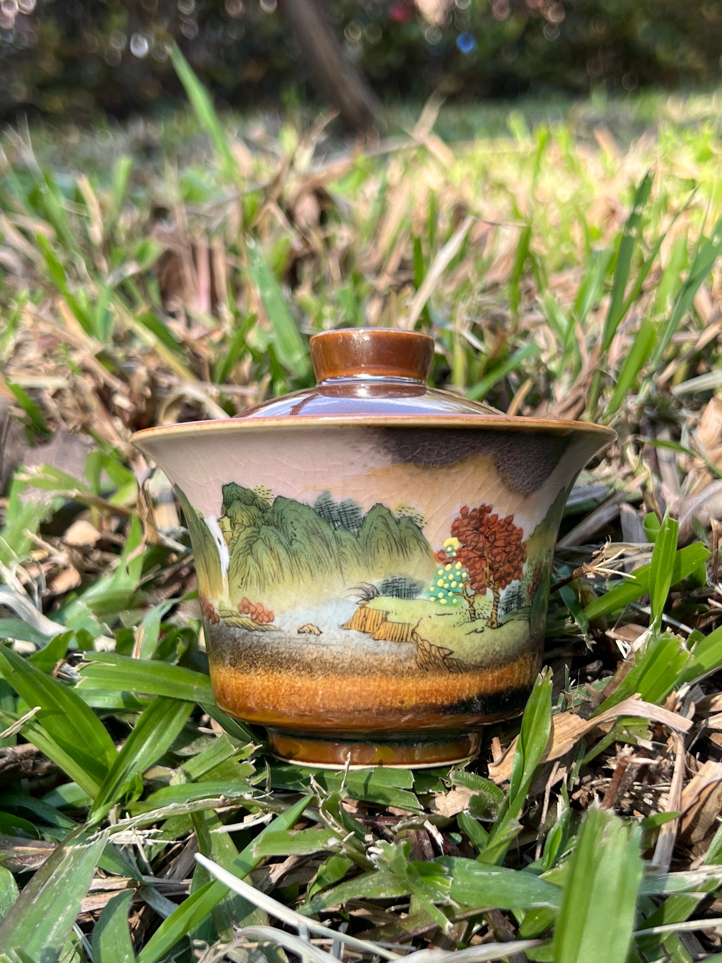 Handcraft Chinese Handpainted Chinese Landscape Gaiwan Set Artwork Unique Original Pottery Tea Ceremony