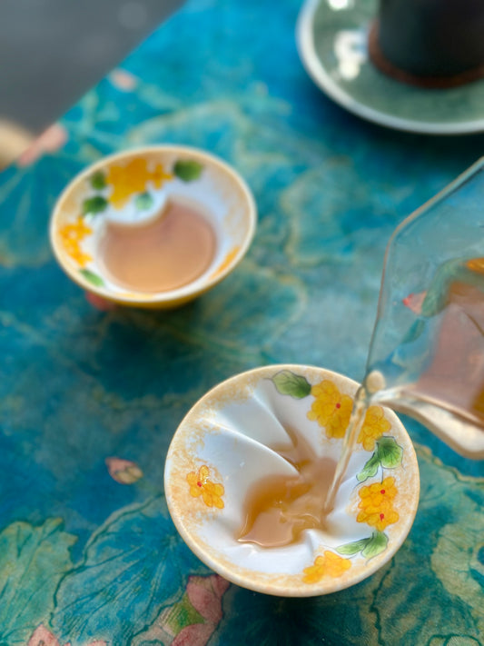 Hand painted Chinese Original Douli Shape Teacup Inner Engraved Moon Rabbit Motif Yellow Cup