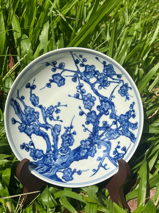 Handpainted Chinese Plum Flower Blue and White Porcelain Jingdezhen Tea Tray Master Ceramic Artwork