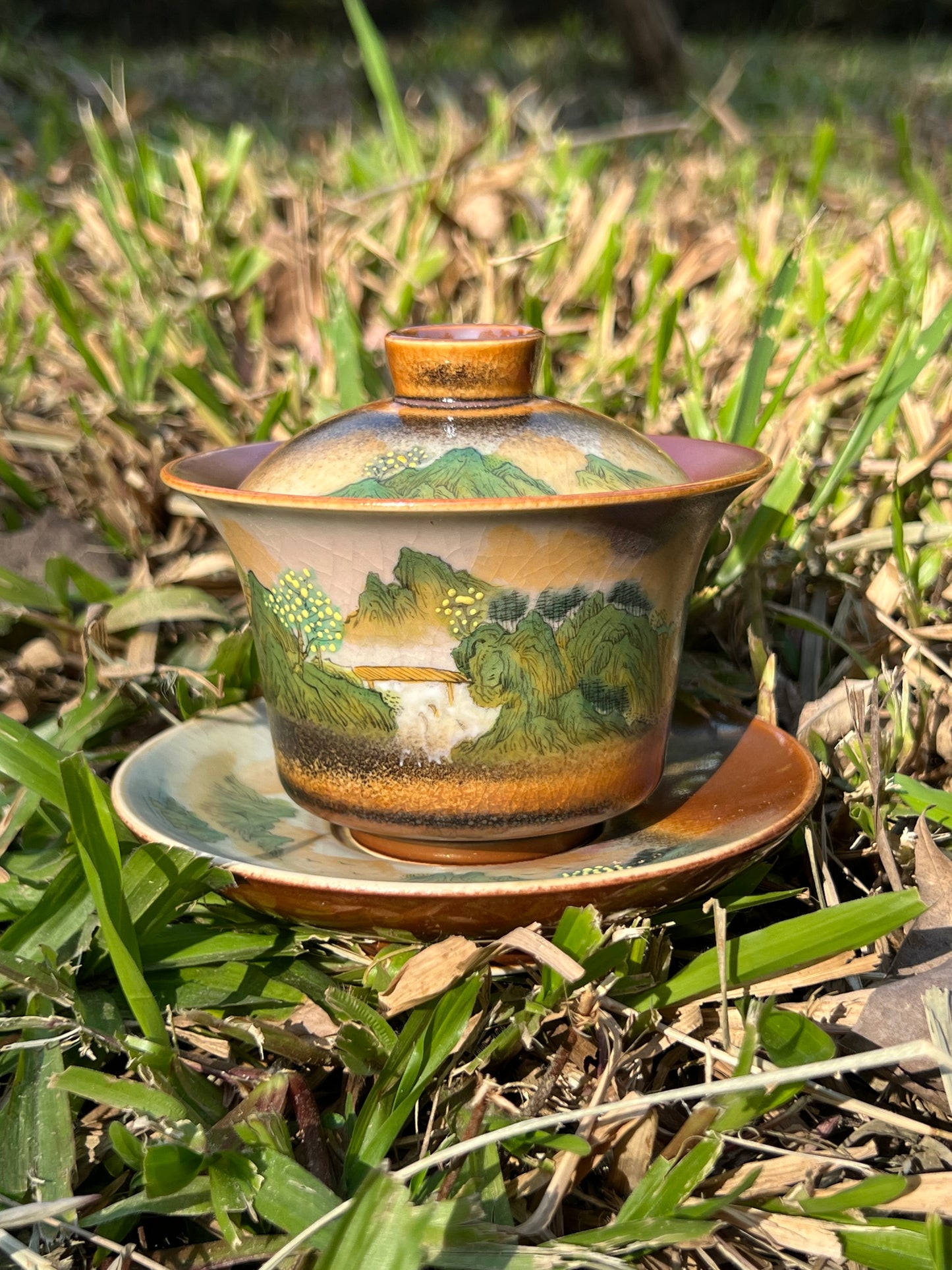 Handcraft Chinese Handpainted Chinese Landscape Gaiwan Set Artwork Unique Original Pottery Tea Ceremony