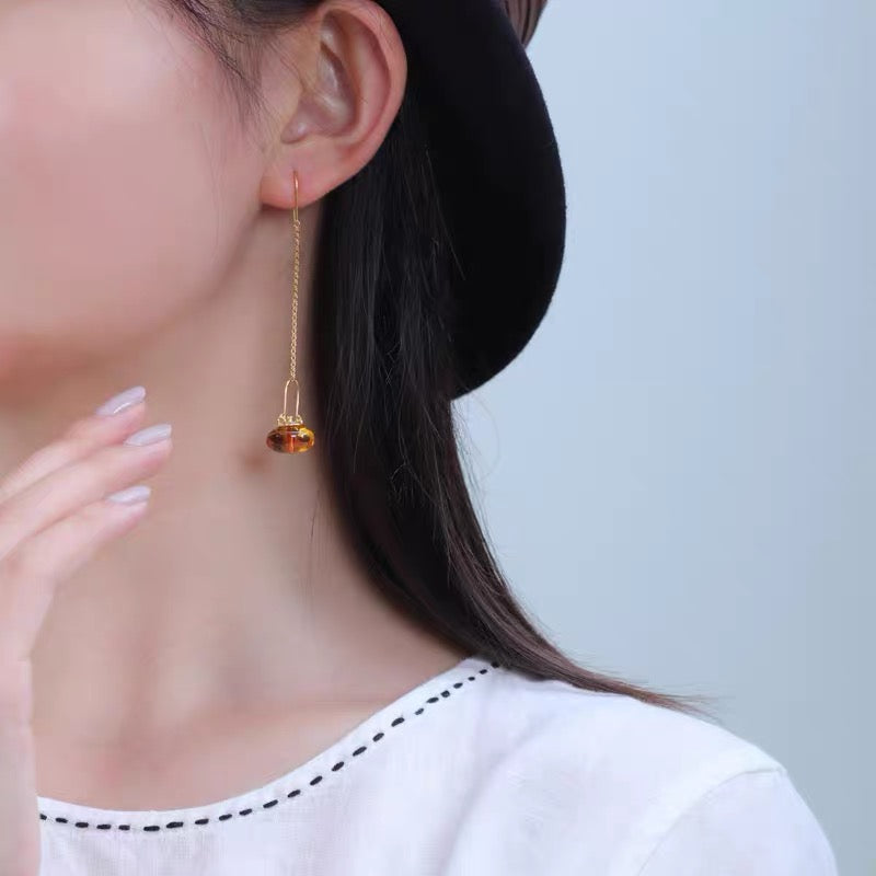 S925 Sterling Silver Original Design Handmade Teapot Shape Amber Earrings