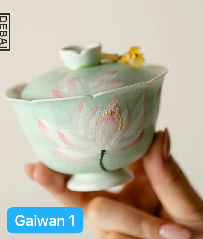 Handpainted Chinese Lotus Green Teapot Gaiwan Set Teacup Teaset