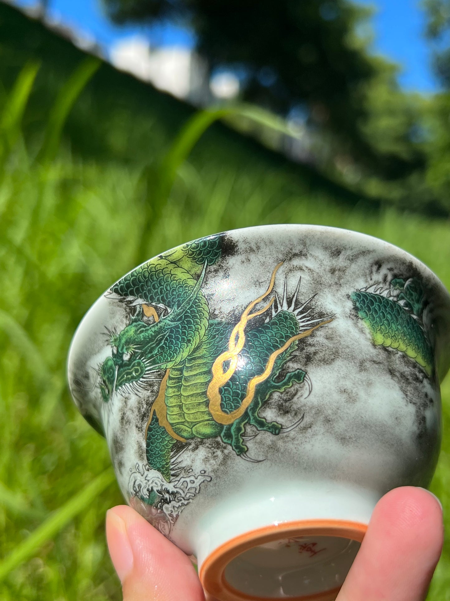 Handcrafted Chinese Handpainted Chinese Green Dragon Jingdezhen Teacup Master Ceramic Artwork