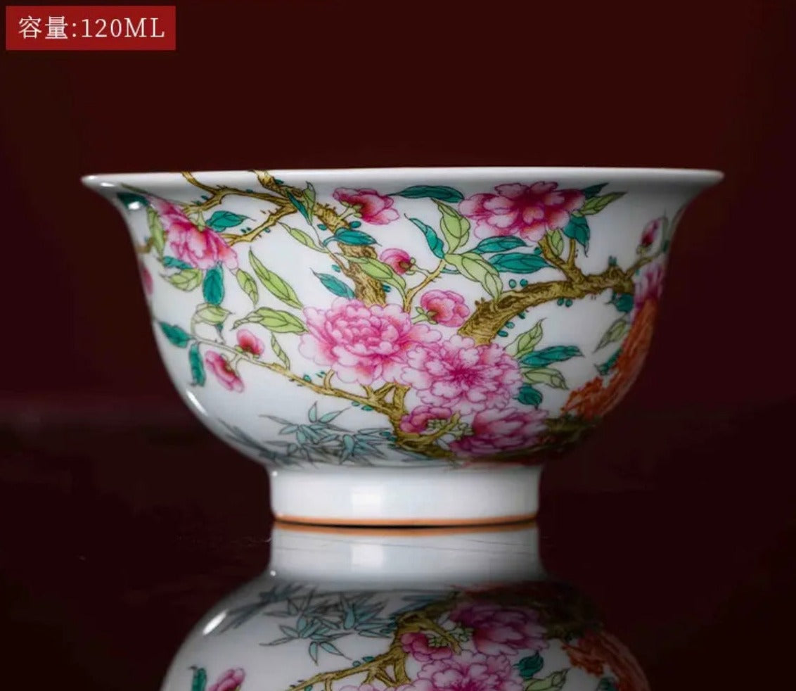 This is a Chinese Jingdezhen enamel flower teacup