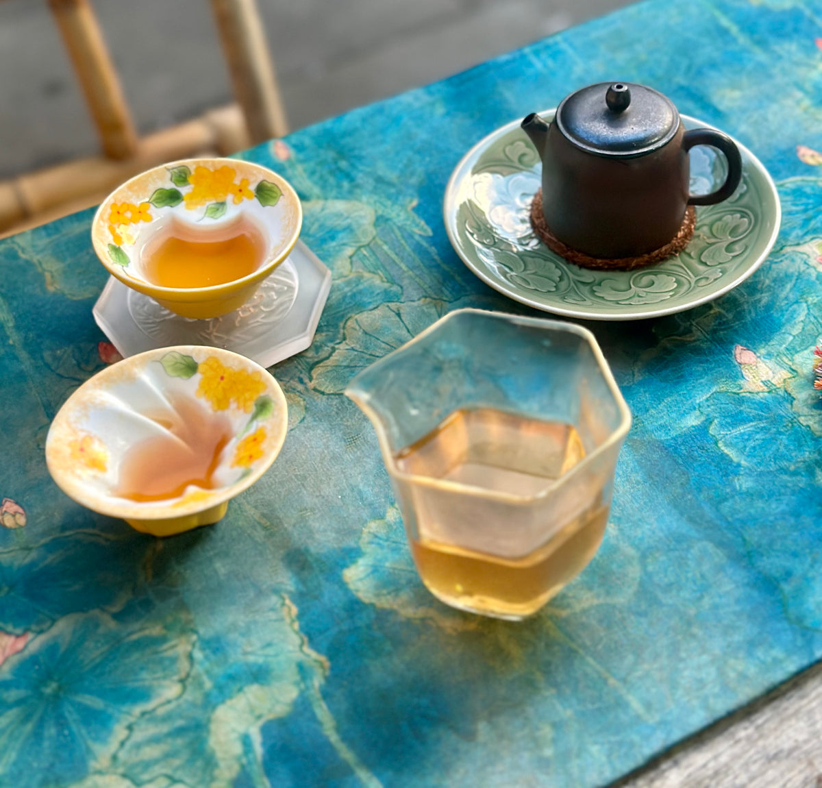 Hand painted Chinese Original Douli Shape Teacup Inner Engraved Moon Rabbit Motif Yellow Cup