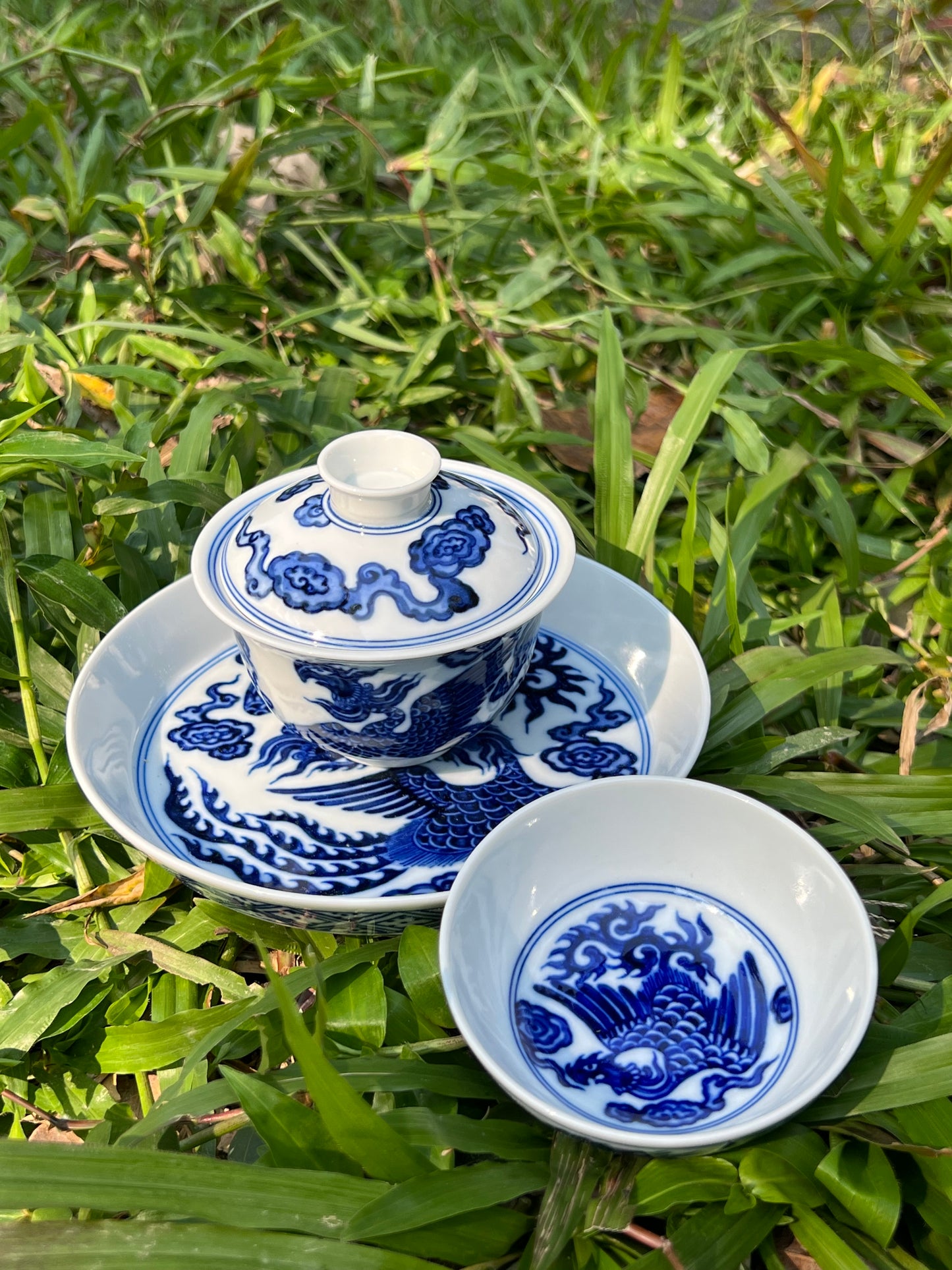 Hand Painted Chinese Phoenix Gaiwan Blue and White Porcelain Teaware Jingdezhen Master Ceramic Artwork