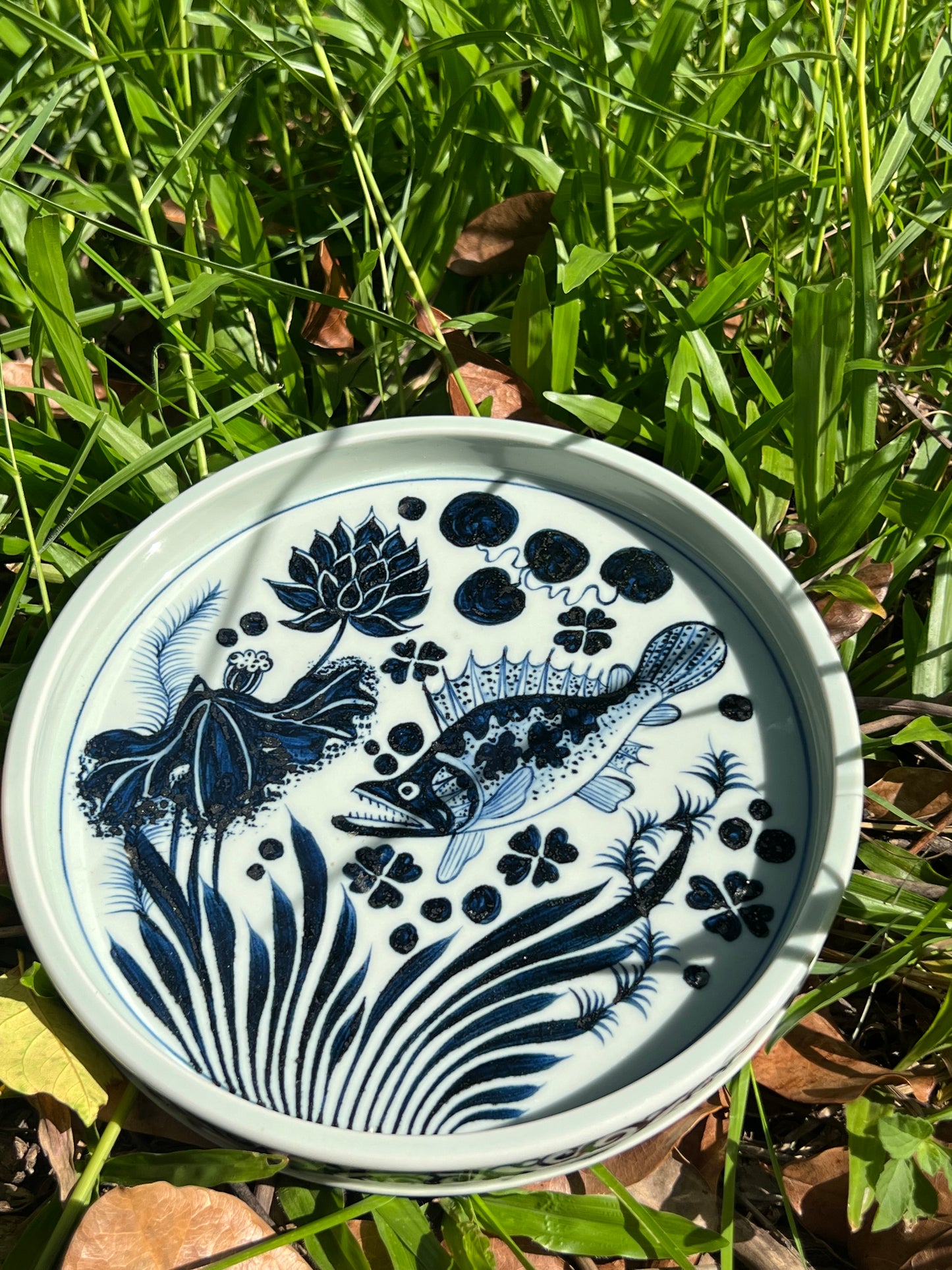 Hand Painted Chinese Antique Yuan Dynasty Blue and White Porcelain Fish and Algae Pattern Tea Tray Tea Boat Jingdezhen Master Ceramic Artwork