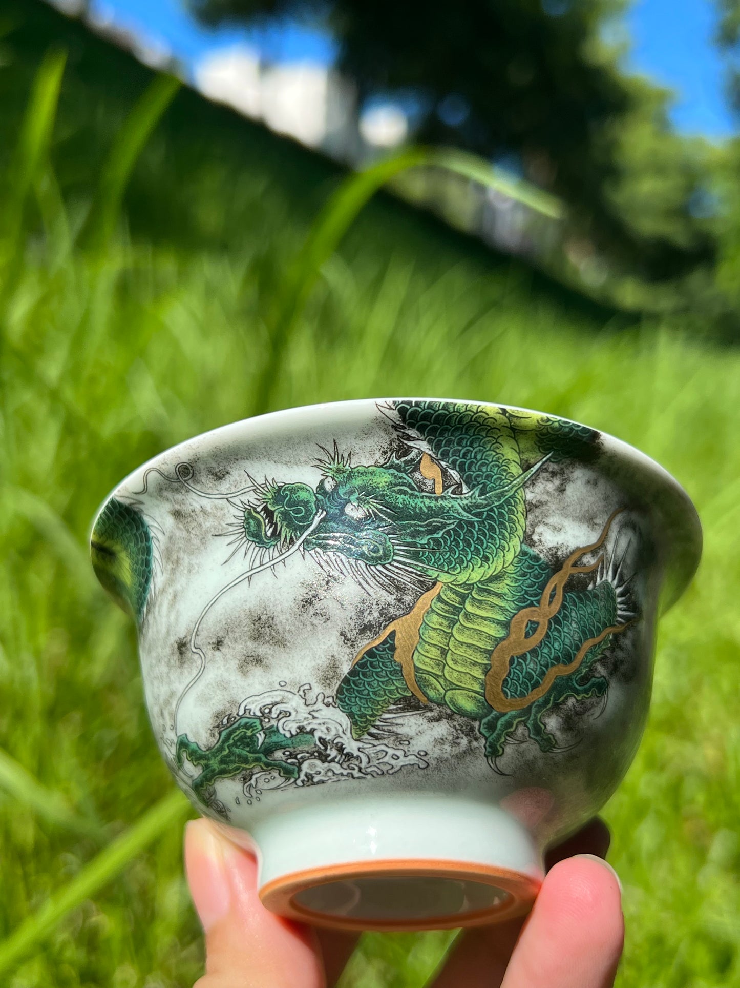 Handcrafted Chinese Handpainted Chinese Green Dragon Jingdezhen Teacup Master Ceramic Artwork