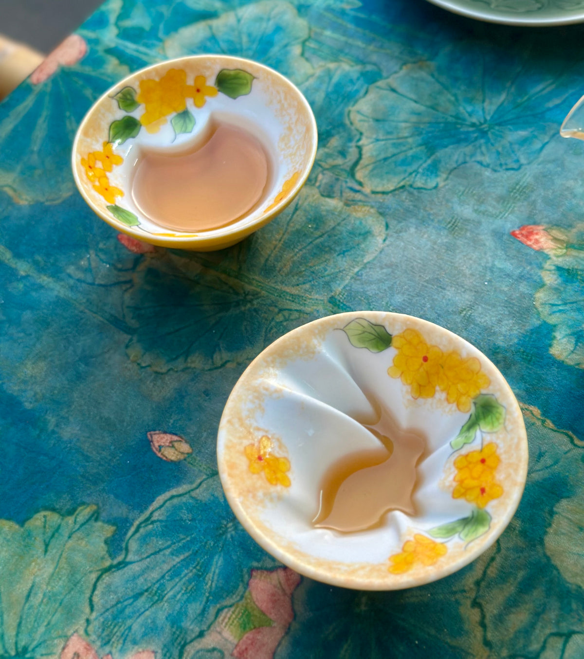 Hand painted Chinese Original Douli Shape Teacup Inner Engraved Moon Rabbit Motif Yellow Cup