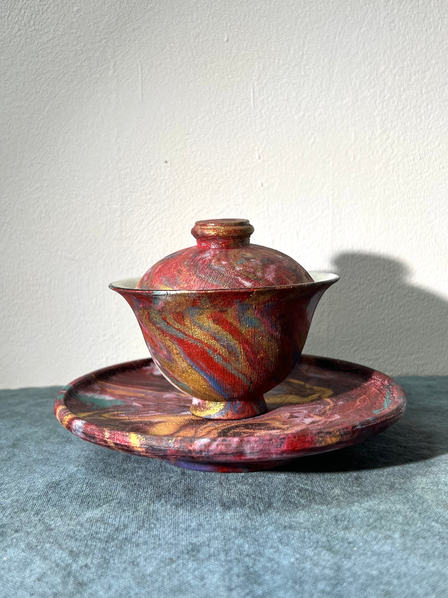 Handcrafted Raw Ore Pottery Chinese Lacquer Ware Purple Red Gaiwan Teaware Master Pottery Artwork