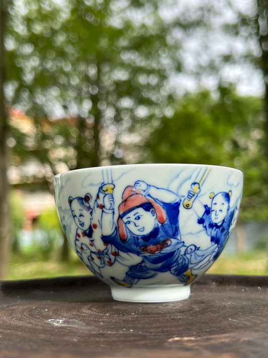 Hand Painted Chinese Blue and White Porcelain Magic Children Tongzi Pattern Jingdezhen Teacup Master Ceramic Artwork