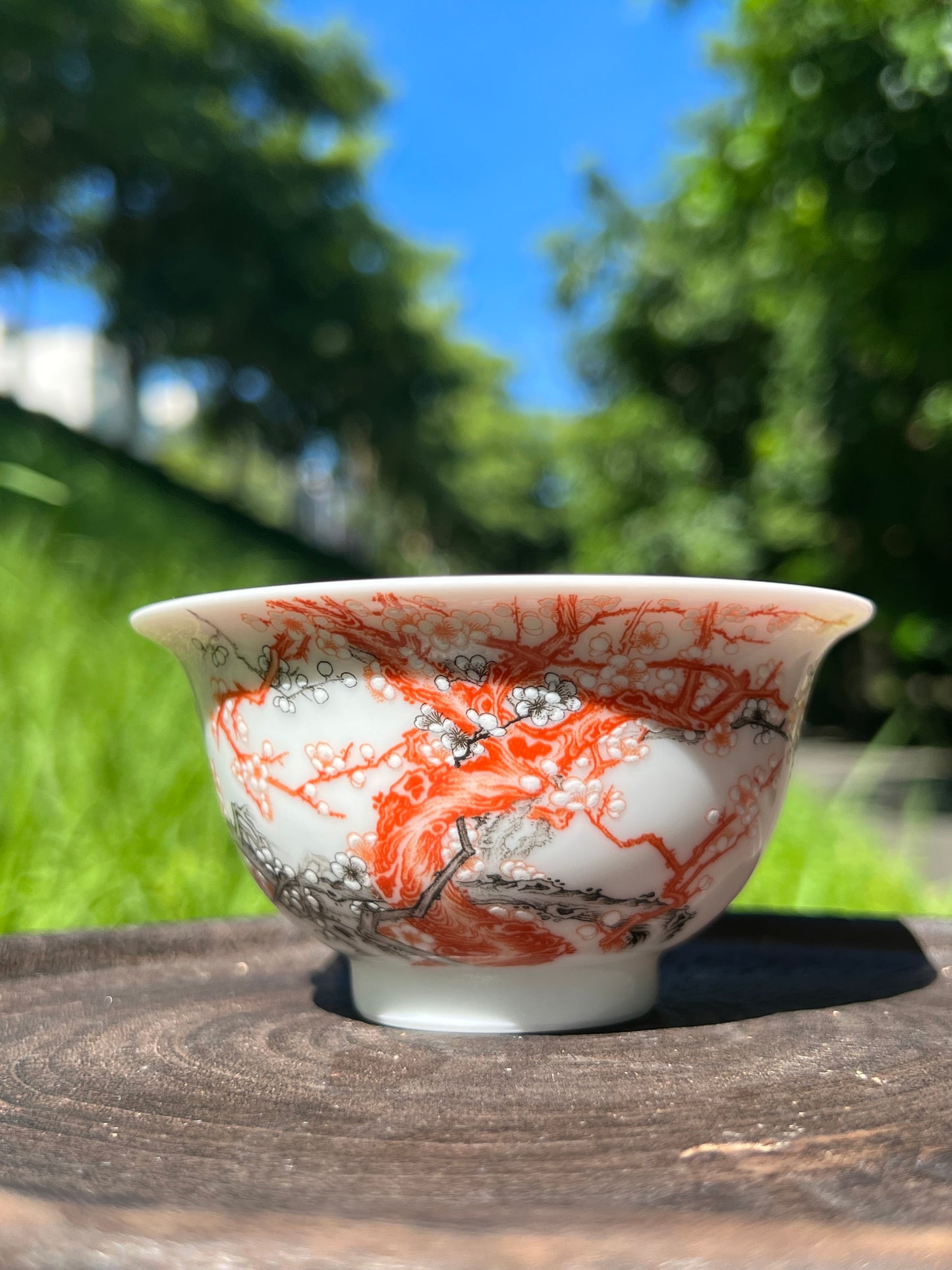 Handcrafted Chinese Handpainted Chinese Plum Flower Alum Red Jingdezhen Teacup Master Pottery Ceramic Artwork