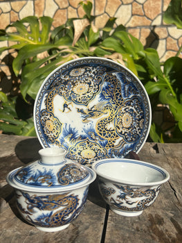 Chinese Handpainted Chinese Dragon Blue and White Porcelain Teaset Jingdezhen Tea tray Teapot Holder Ceramic Master Pottery Artwork