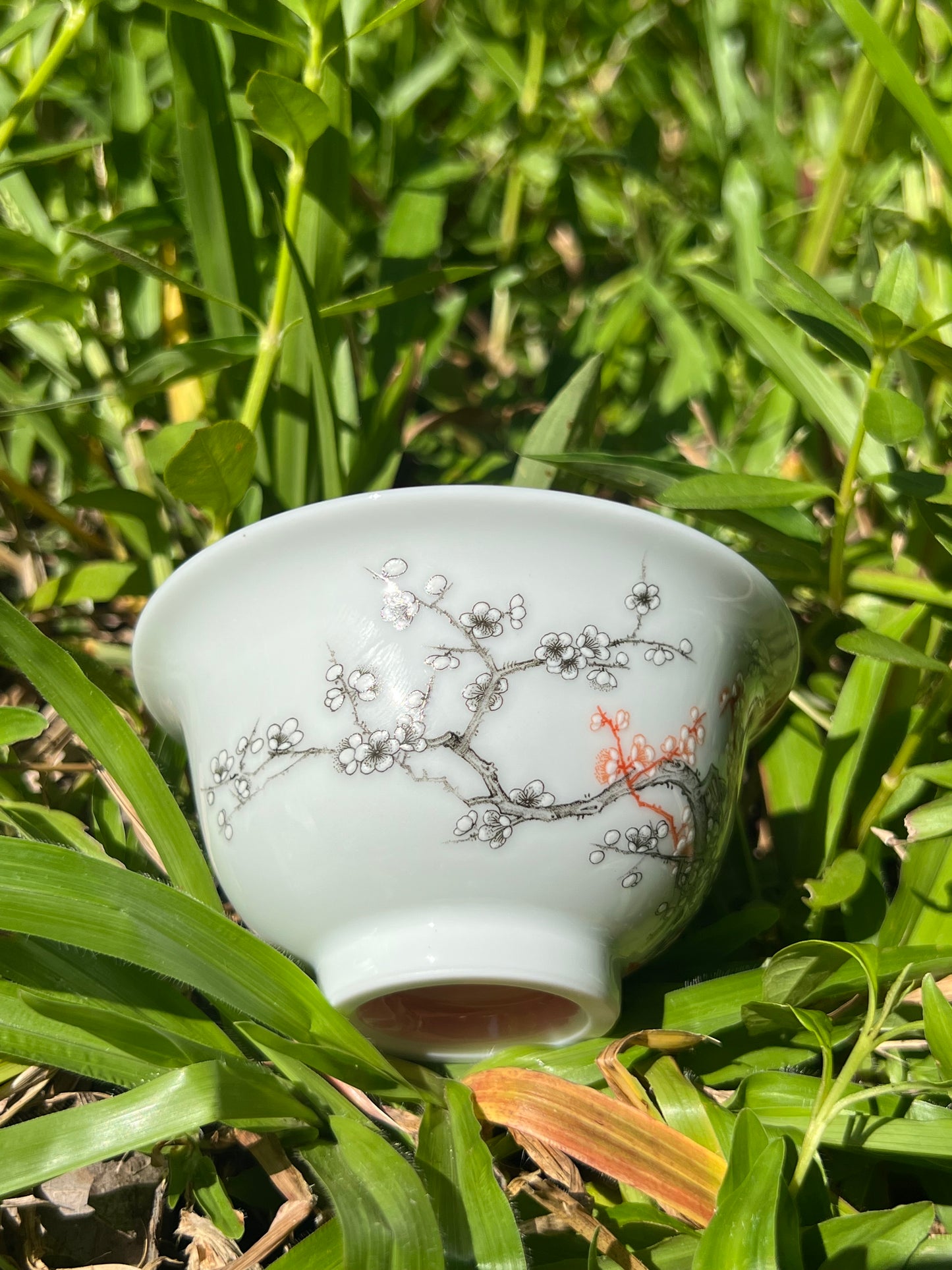 Handcrafted Chinese Handpainted Chinese Plum Flower Alum Red Jingdezhen Teacup Master Pottery Ceramic Artwork