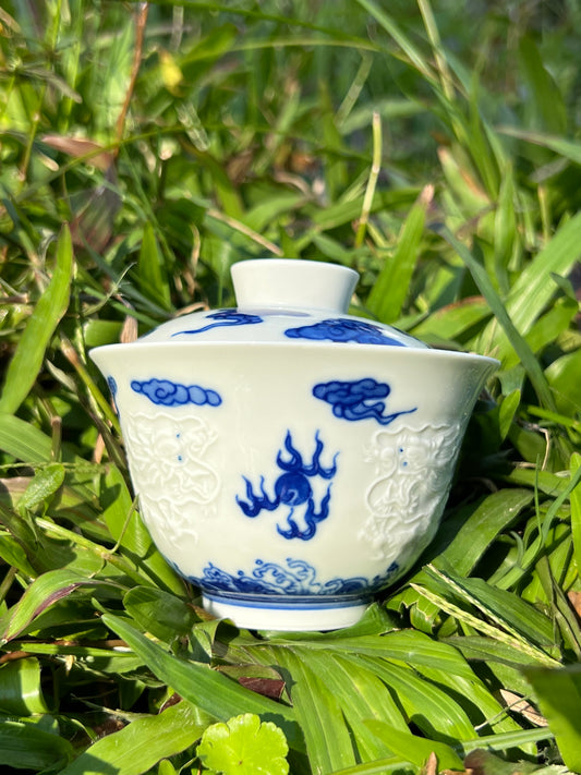 Hand Engraved Chinese Blue and White Porcelain Dragon Gaiwan Jingdezhen Master Ceramic Artwork