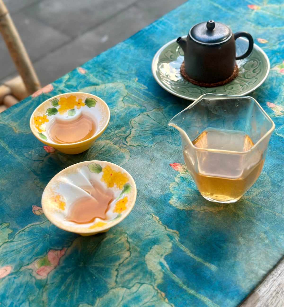 Hand painted Chinese Original Douli Shape Teacup Inner Engraved Moon Rabbit Motif Yellow Cup