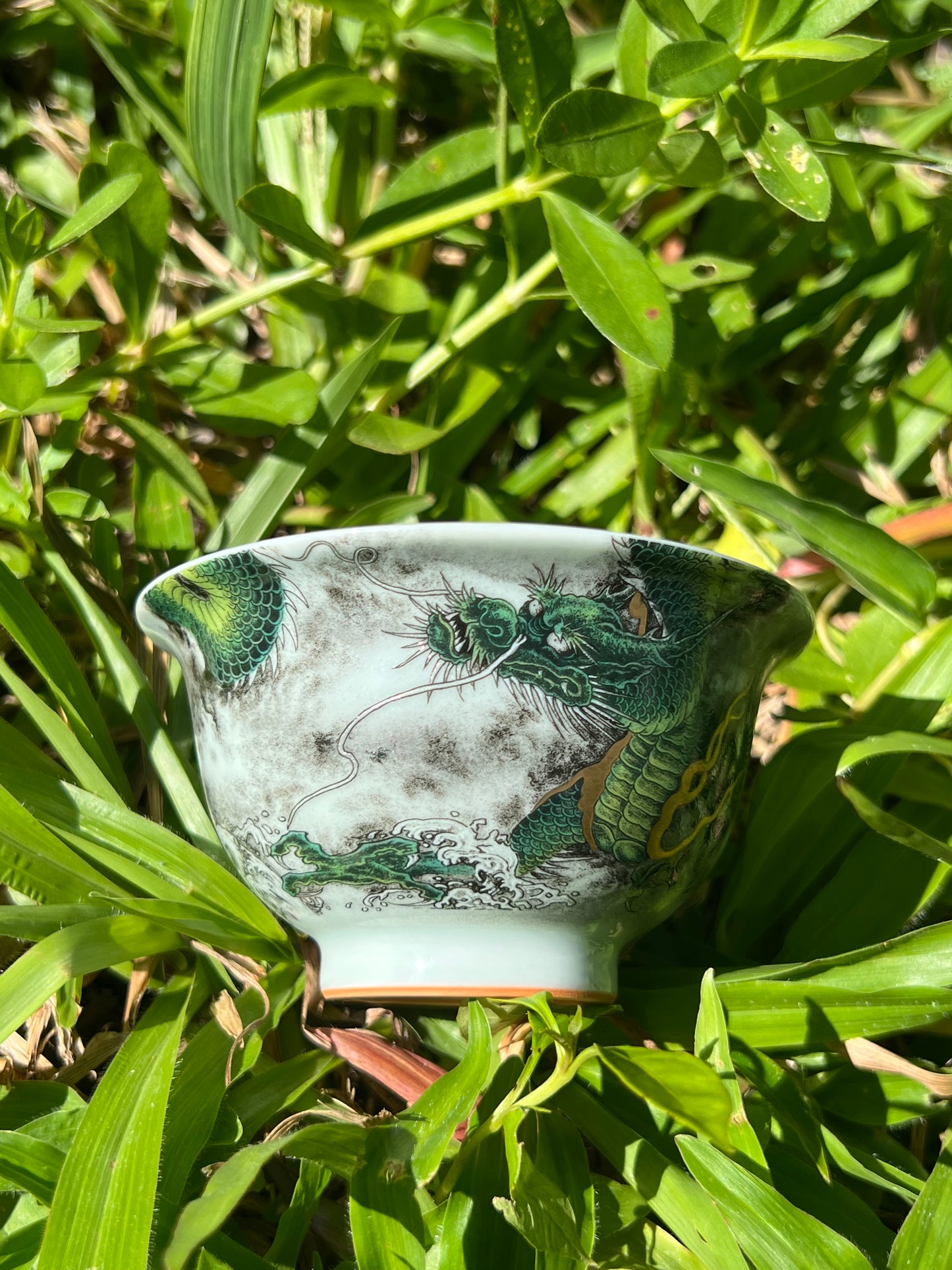 Handcrafted Chinese Handpainted Chinese Green Dragon Jingdezhen Teacup Master Ceramic Artwork