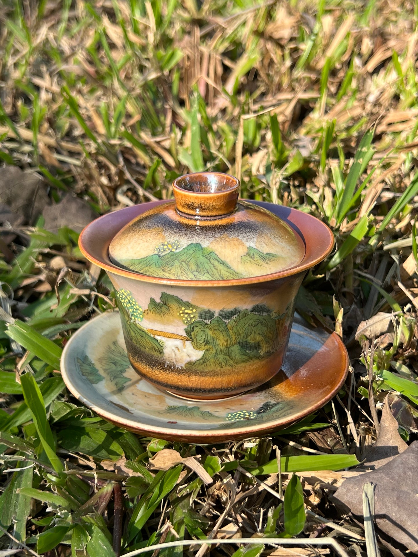 Handcraft Chinese Handpainted Chinese Landscape Gaiwan Set Artwork Unique Original Pottery Tea Ceremony