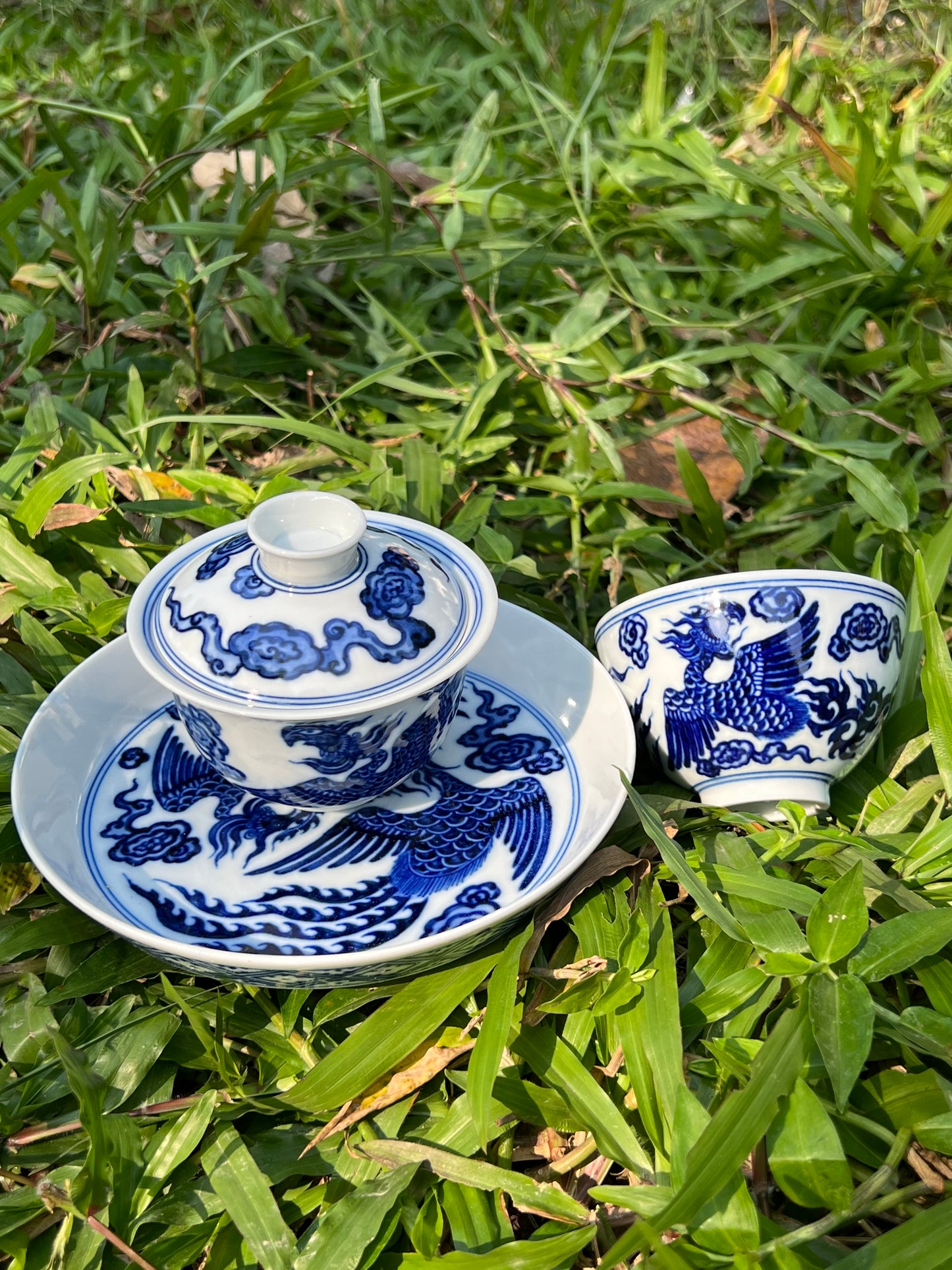 Hand Painted Chinese Phoenix Gaiwan Blue and White Porcelain Teaware Jingdezhen Master Ceramic Artwork