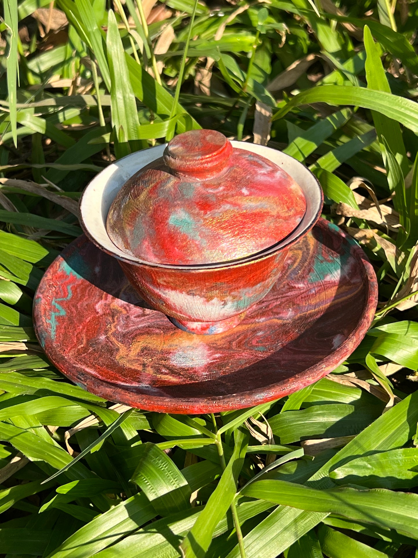 Handcrafted Raw Ore Pottery Chinese Lacquer Ware Purple Red Gaiwan Teaware Master Pottery Artwork