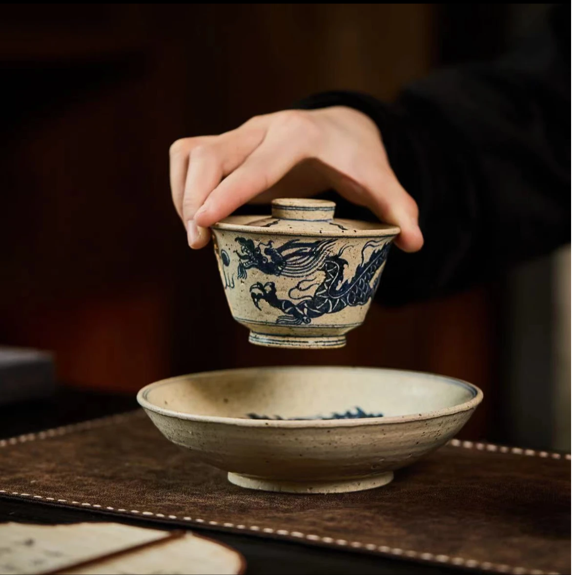 Chinese Handpainted Chinese Dragon Blue and White Pottery Jingdezhen Tea tray Teapot Holder Master Pottery Artwork