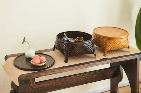 This is a bamboo weaving storage tea table