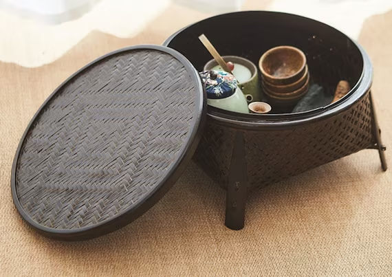 This is a bamboo weaving storage tea table