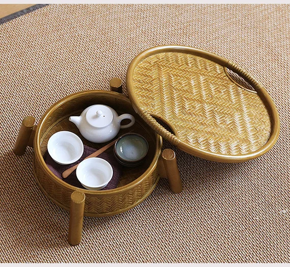 This is a bamboo weaving storage tea table.this is a yellow tea table