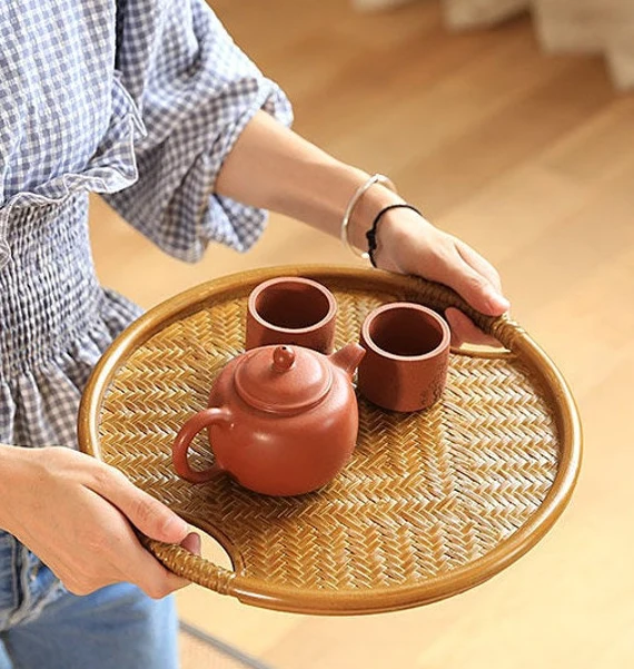 This is a bamboo weaving storage tea table.this is a yellow tea table