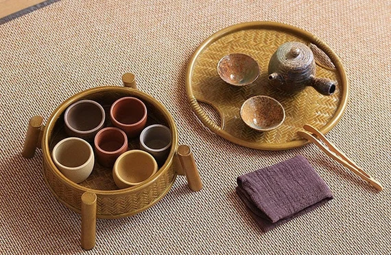 This is a bamboo weaving storage tea table.this is a yellow tea table