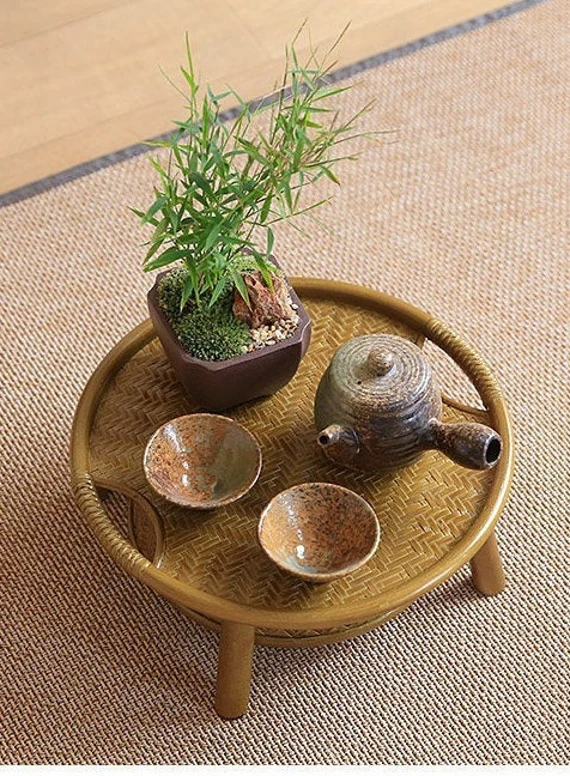 This is a bamboo weaving storage tea table.this is a yellow tea table