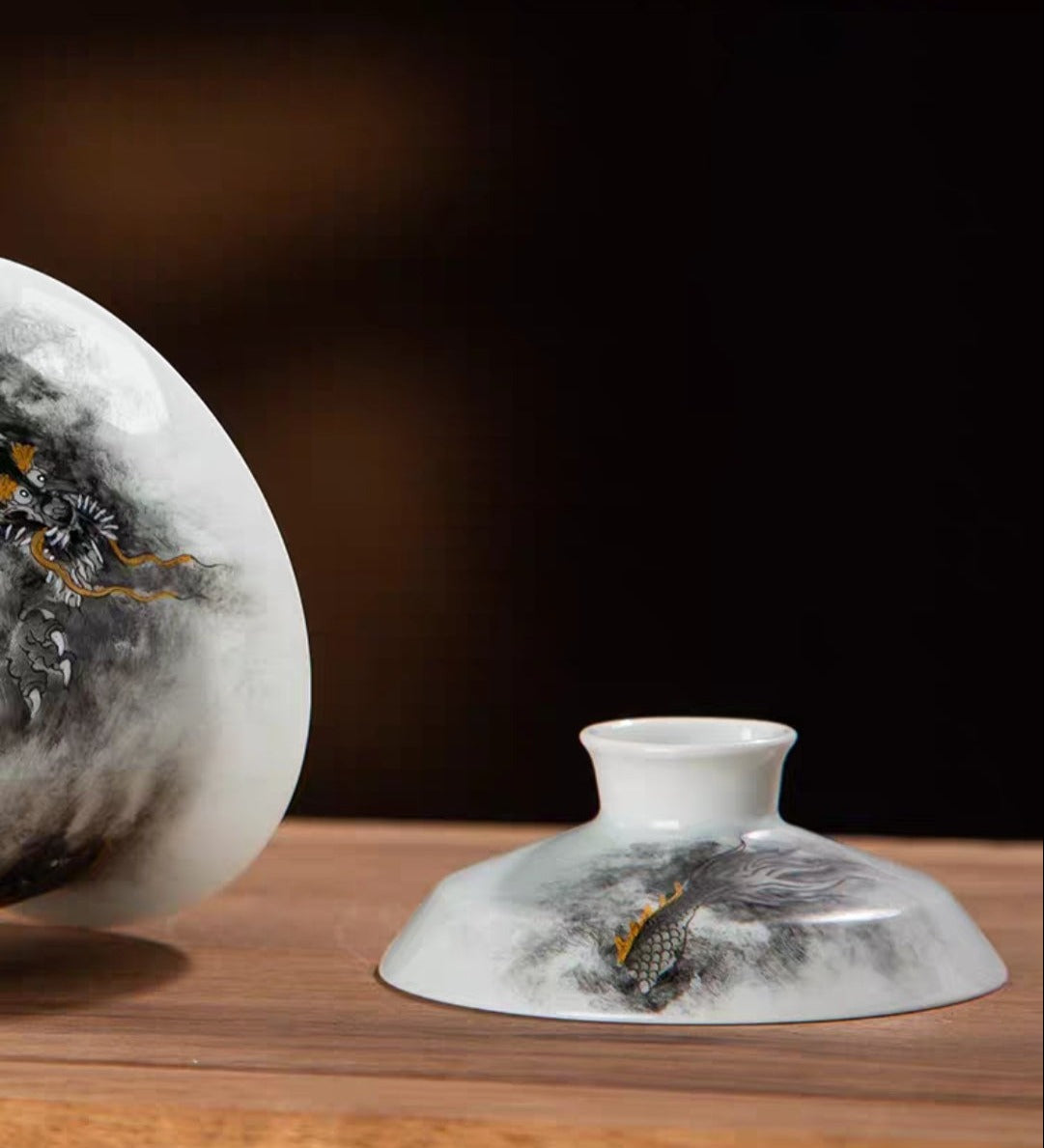 this is a Chinese Jingdezhen ceramic dragon teapot gaiwan