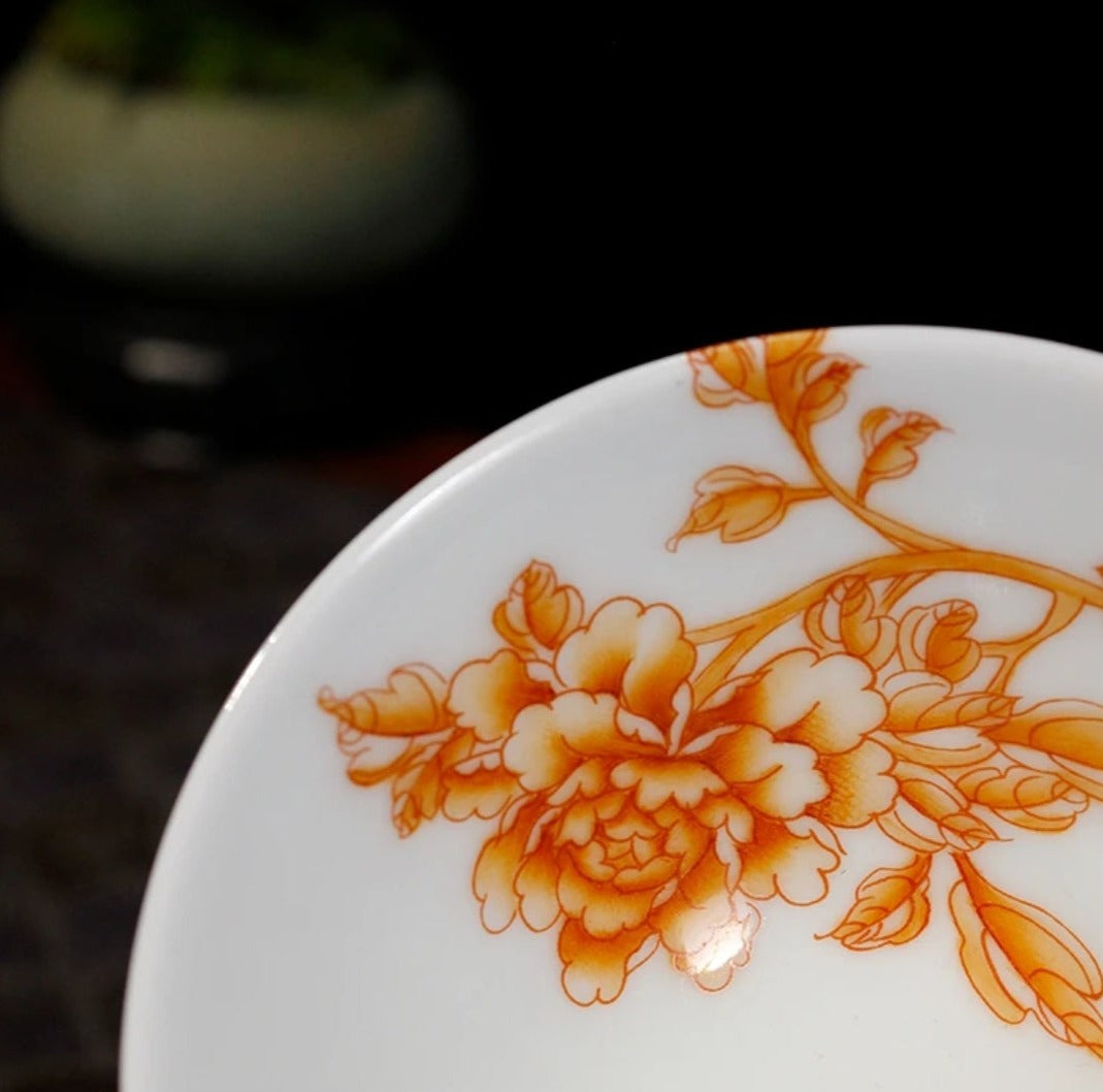 this is a Chinese Jingdezhen alum red peony flower teacup.this is a ceramic teacup