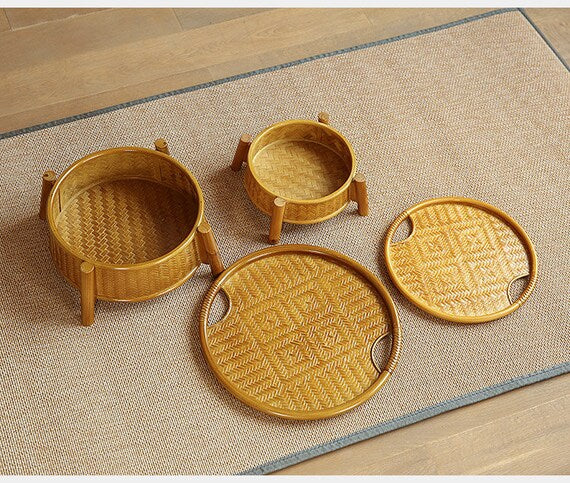 This is a bamboo weaving storage tea table.this is a yellow tea table