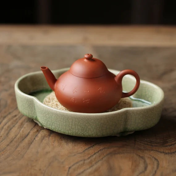 Zhangzhou Kiln Green-glazed Begonia Pot Carrying Open Teapot Holder Dry Tea Tray Chinese Master Artwork Teapot Holder Tea Boat