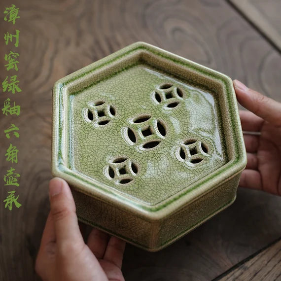 Zhangzhou Kiln Green-glazed Tea Boat Begonia  Teapot Holder Tea Tray Chinese Master Pottery Ceramic Japanese Ceramic Tea Ceremony