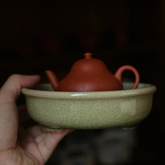 Zhangzhou Kiln Green-glazed Begonia Pot Carrying Open Teapot Holder Dry Tea Tray Chinese Master Artwork Teapot Holder Tea Boat