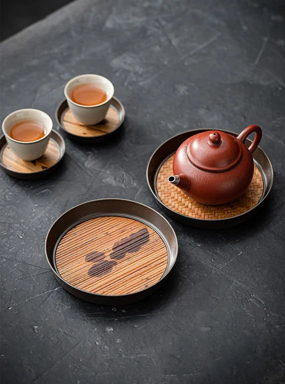 Handcrafted Tea Bamboo Mental Tin Tray Mottled Bamboo Tin Tea Boat Chaozhou Tray Chinese Artwork Teapot Holder Tea Boat