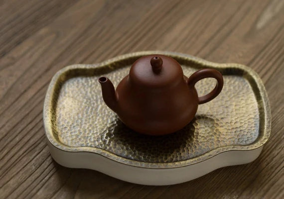 Tea Tray Brass Copper Handforging Ceramic Tea Boat Chaozhou Chinese Master Artwork Teapot Holder Tea Boat