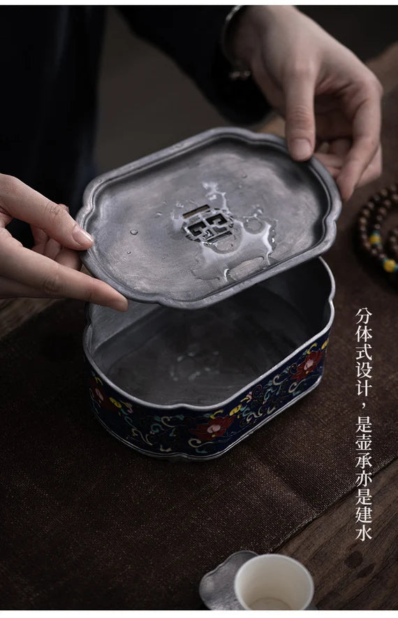 Tin Tea Tray Handmade Forging Chaozhou Antique Style Classic Chinese Master Artwork Teapot Holder Tea Boat