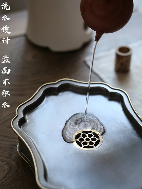 Tin Copper Tea Tray Handmade Forging Chaozhou Antique Style Classic Chinese Master Artwork Teapot Holder Tea Boat