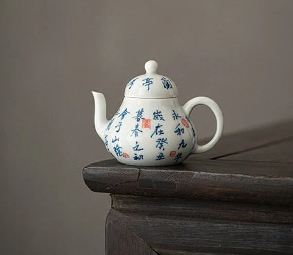 This is a white ceramic teapot