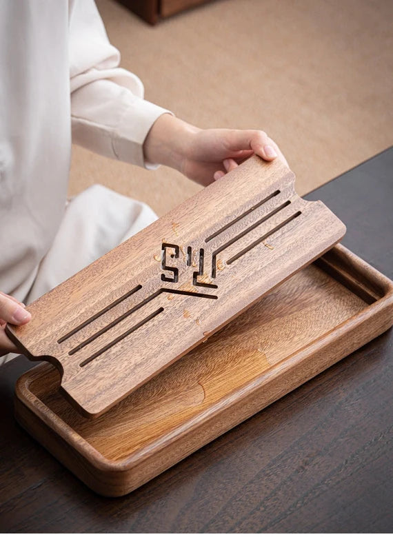 this is a walnut tea tray tea boat