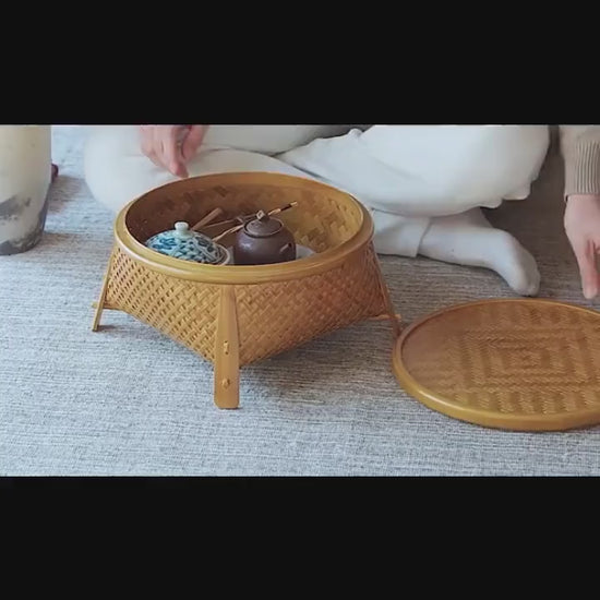 This is a bamboo weaving storage tea table.this is a yellow tea table