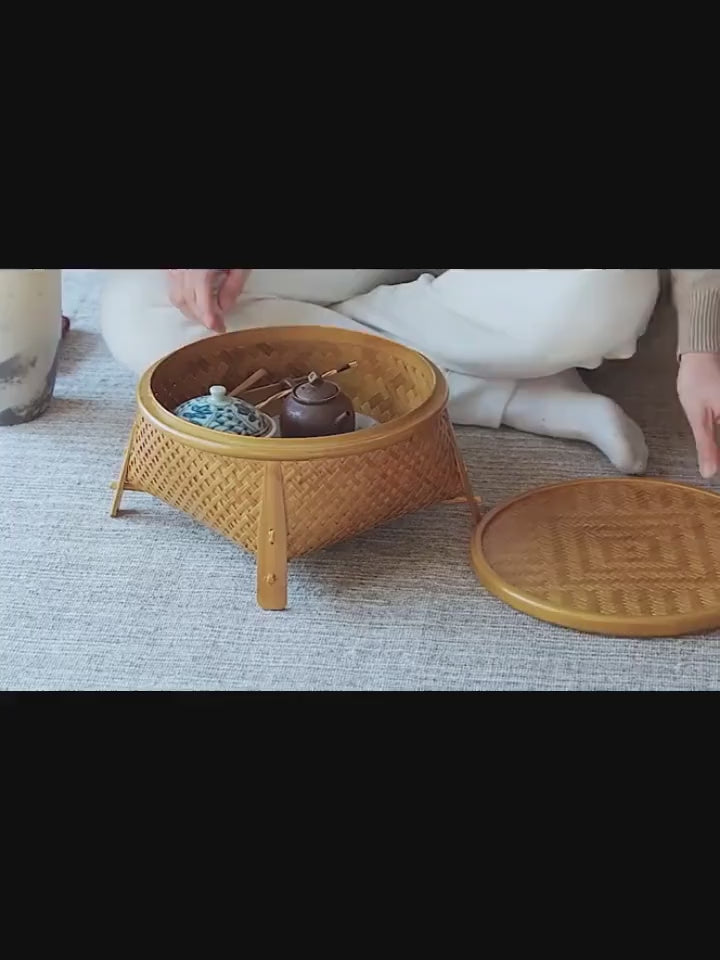 This is a bamboo weaving storage tea table.this is a yellow tea table